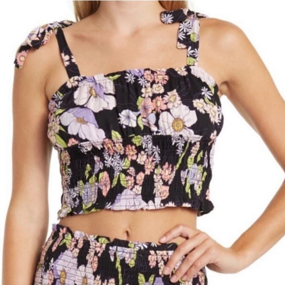 AFRM Black Floral Stein Smocked Crop Top Sz M NWT